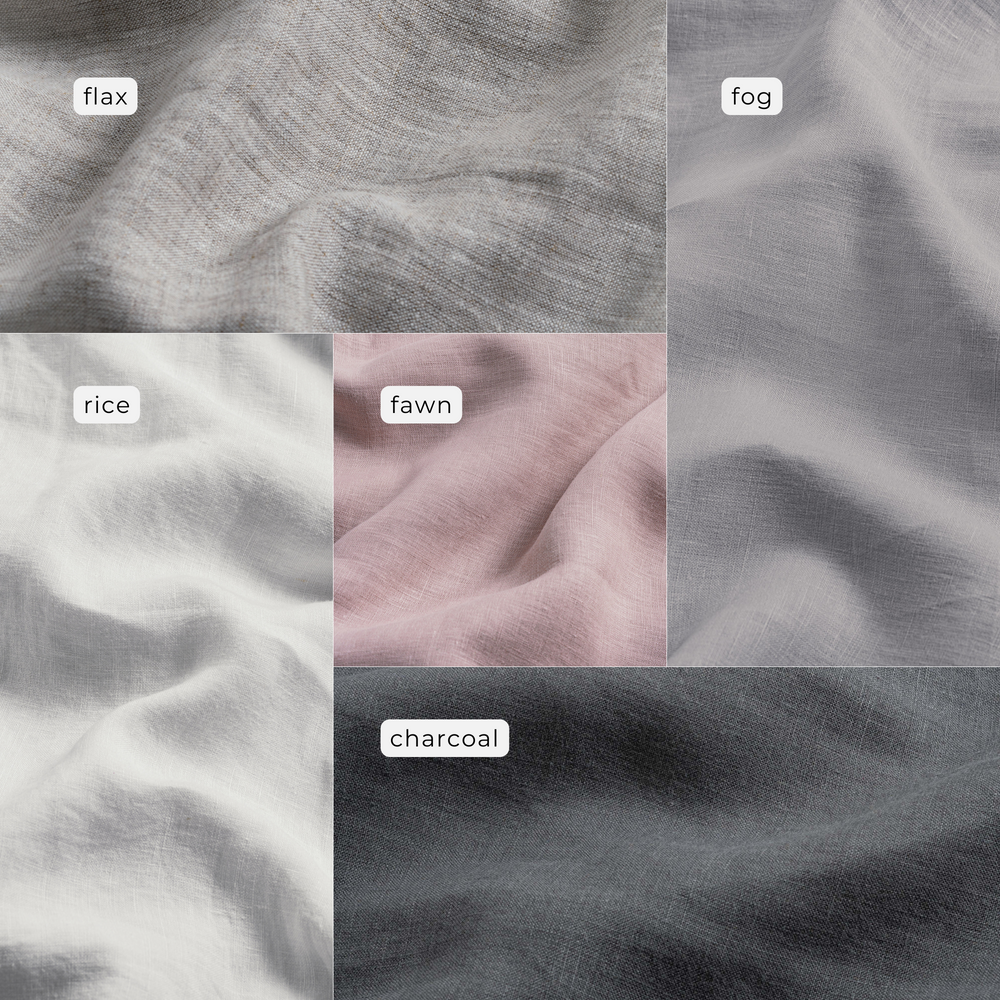 Swatches of the five curtain colours: flax, fog, rice, fawn, charcoal