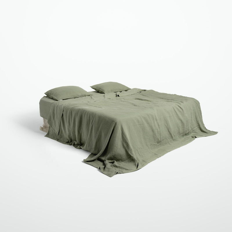 linen bedding set in sage green by the katha