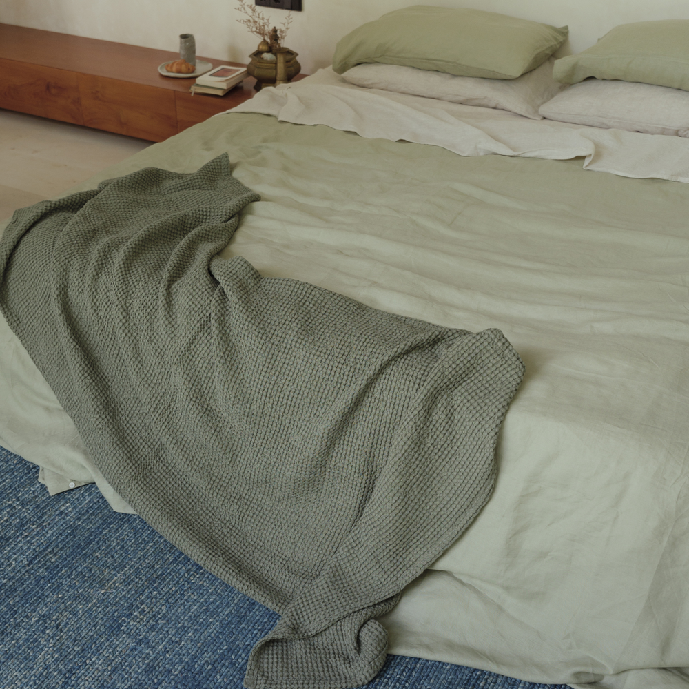 Cedar Green Linen Waffle Blanket