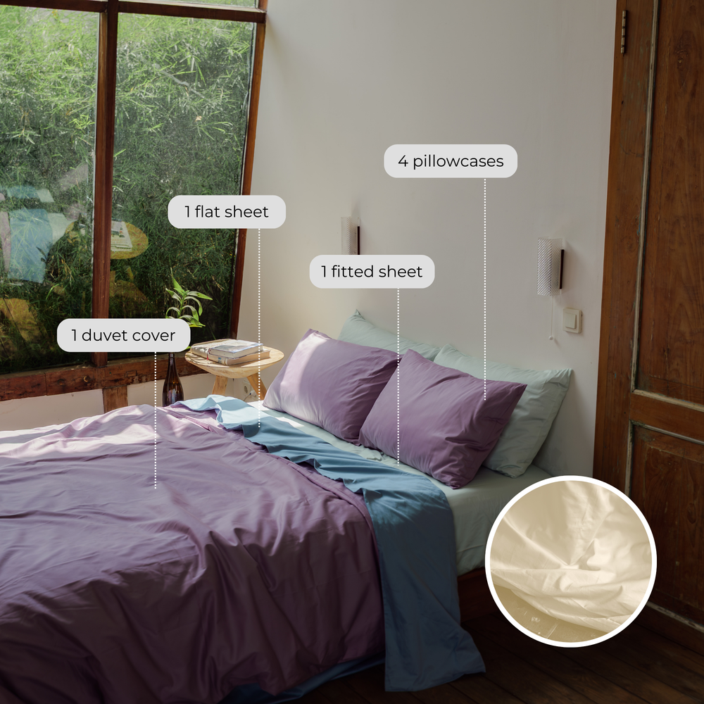What's in the ivory organic cotton bundle set: each piece labelled, with a close-up of the ivory fabric