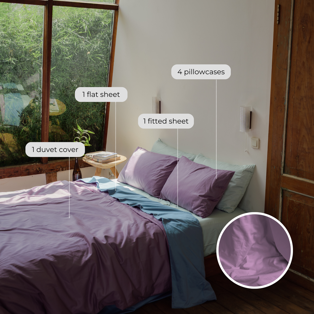 What's in the lavender organic cotton bundle set: each piece labelled, with a close-up of the lavender fabric