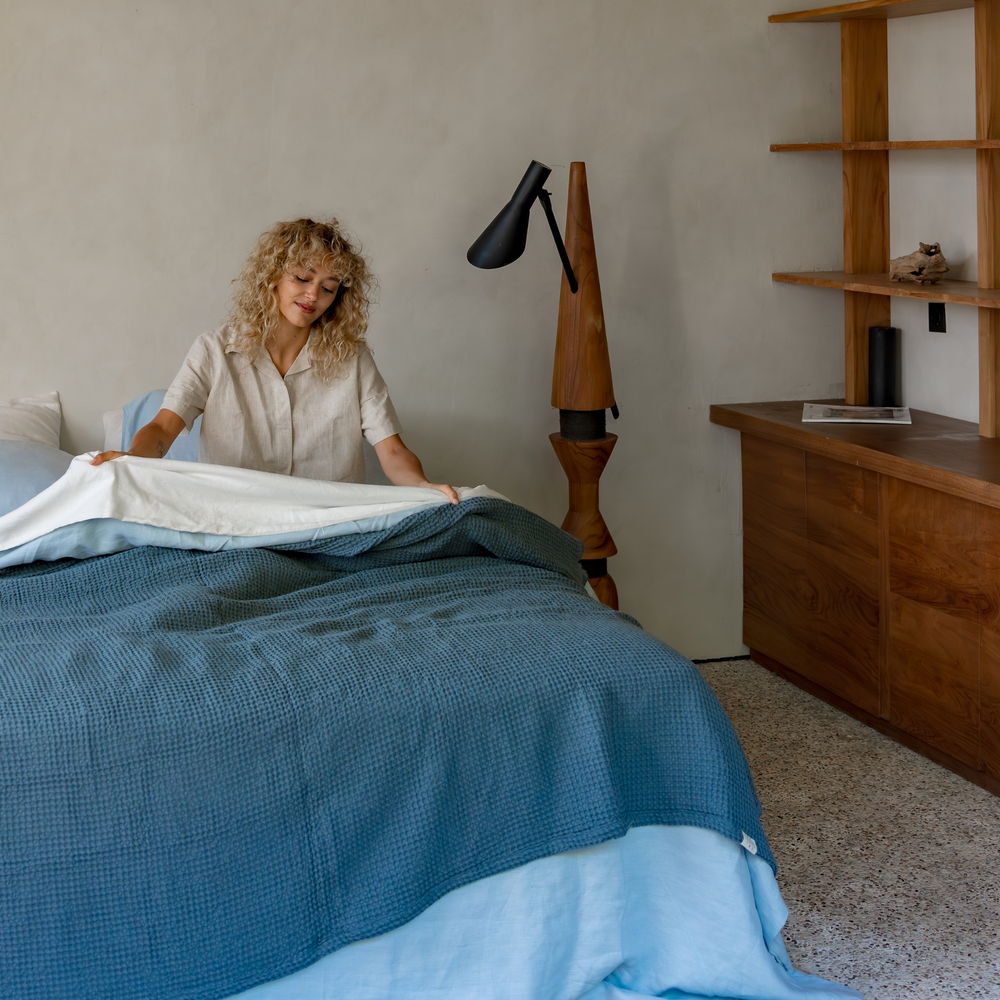 Sapphire Linen Waffle Blanket