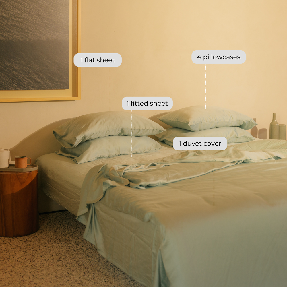 Mint green eucalyptus TENCEL bundle set: flat sheet, fitted sheet, duvet cover, 4 pillowcases