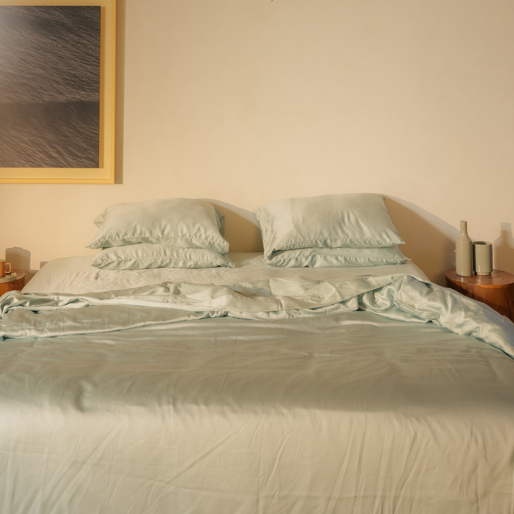 Mint green eucalyptus TENCEL bundle set with four pillows, front view