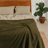 Olive Linen Waffle Blanket