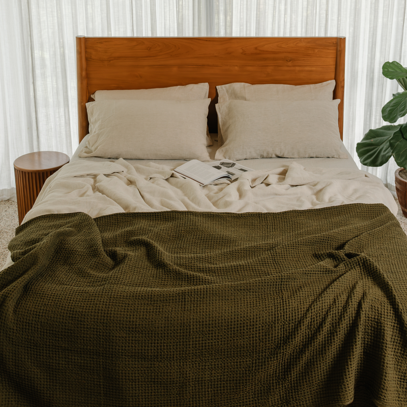 Olive Linen Waffle Blanket