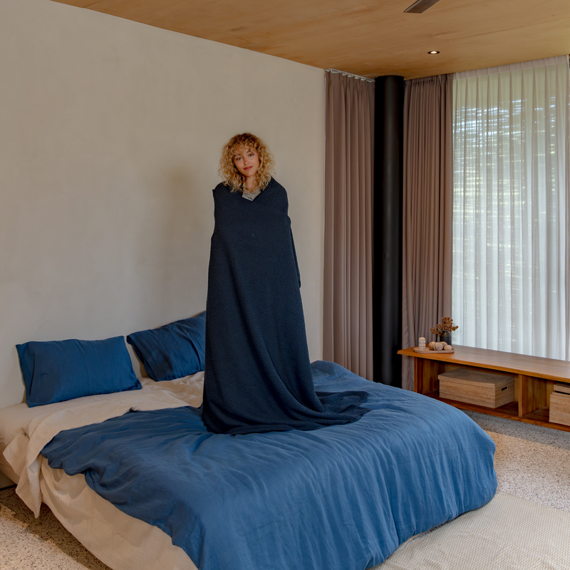 Slate Blue Linen Waffle Blanket