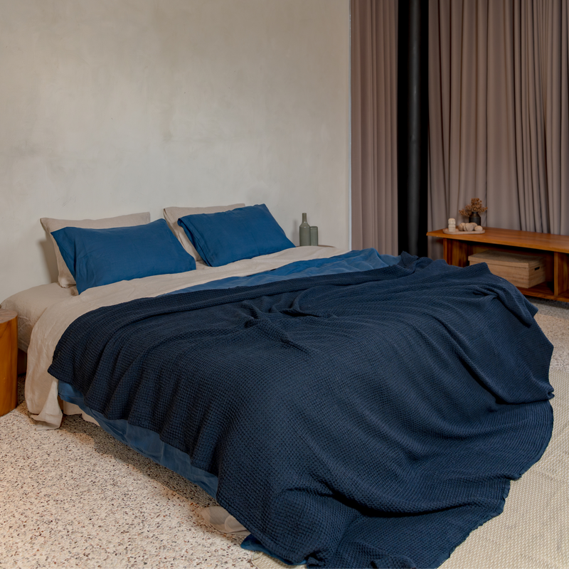 Slate Blue Linen Waffle Blanket