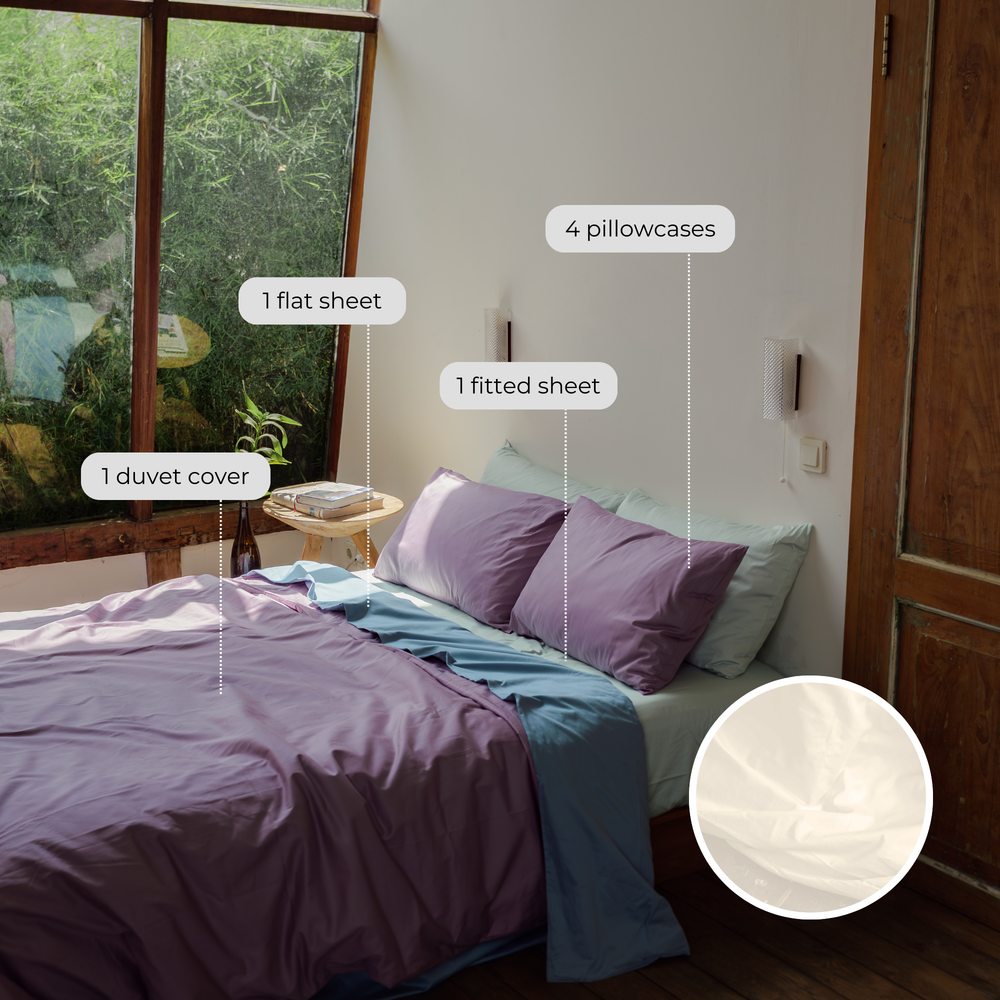 What's in the white organic cotton bundle set: each piece labelled, with a close-up of the white fabric