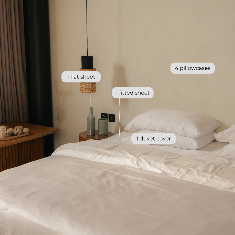 White eucalyptus TENCEL bundle set: flat sheet, fitted sheet, duvet cover, 4 pillowcases